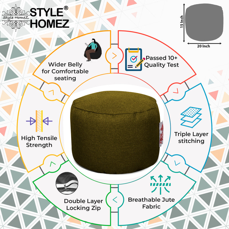 Style Homez ORGANIX Collection, Round Poof Bean Bag Ottoman Stool Large Size Moss Green Color in Organic Jute Fabric, Cover Only