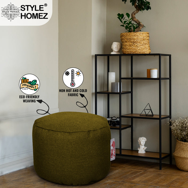 Style Homez ORGANIX Collection, Round Poof Bean Bag Ottoman Stool Large Size Moss Green Color in Organic Jute Fabric, Filled with Beans Fillers