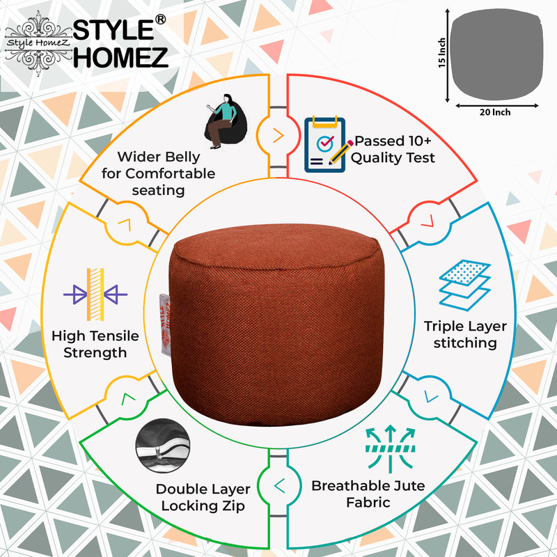 Style Homez ORGANIX Collection, Round Poof Bean Bag Ottoman Stool Large Size Orange Color in Organic Jute Fabric, Filled with Beans Fillers