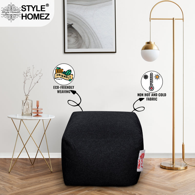 Style Homez ORGANIX Collection, Square Poof Bean Bag Ottoman Stool Large Size Black Color in Organic Jute Fabric, Filled with Beans Fillers