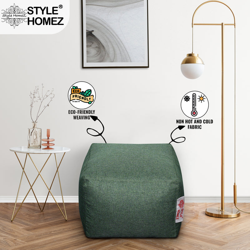 Style Homez ORGANIX Collection, Square Poof Bean Bag Ottoman Stool Large Size Green Color in Organic Jute Fabric, Filled with Beans Fillers