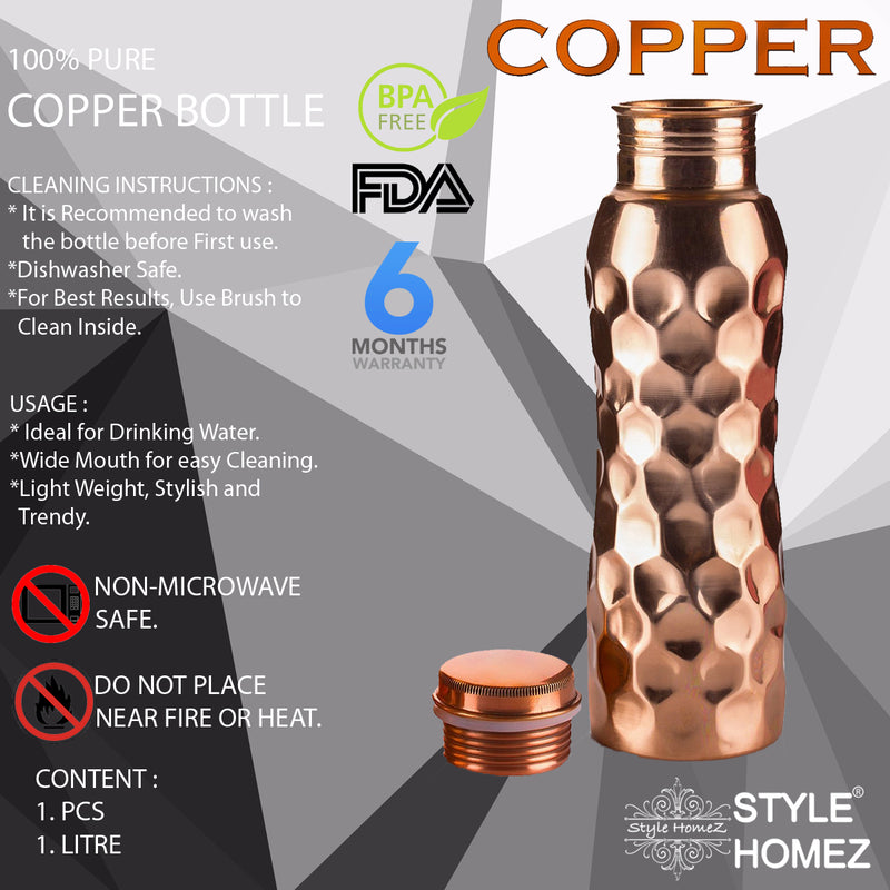 Style Homez Pure Handmade Copper Bottle 1000 ML DIAMOND Design Lacquer Coated Joint Free & Leak Proof with Ayurvedic Health Benefits (1 Litre)