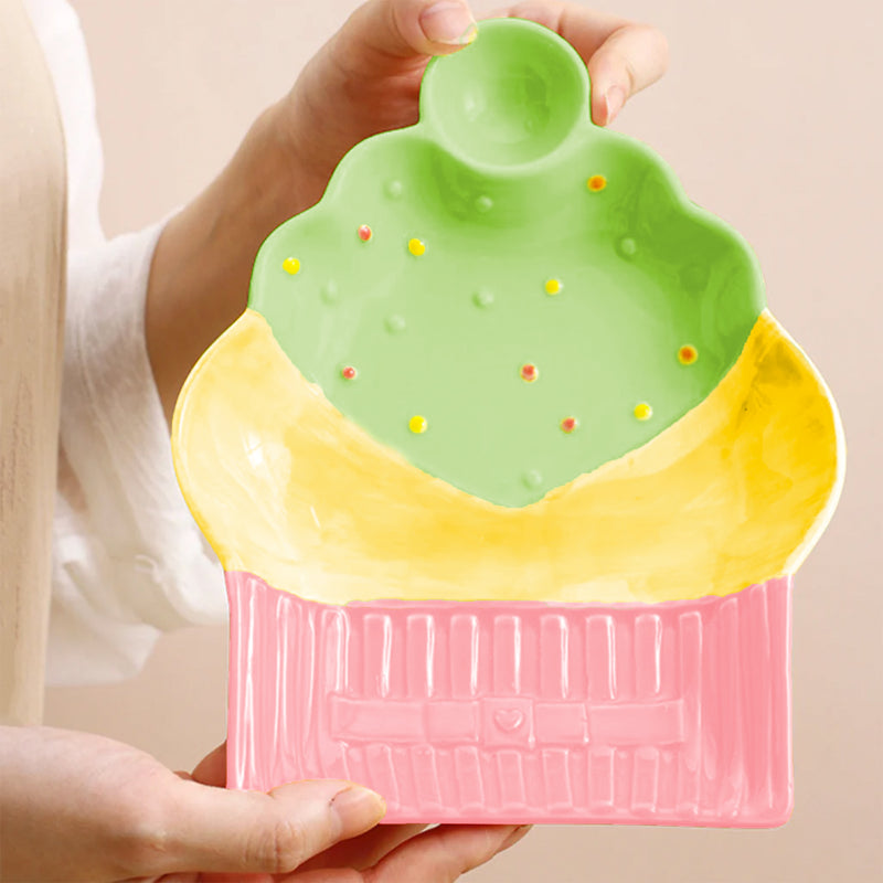 Style Homez Ceramic Cup Cake Snack Plate or Dessert Platter, Handmade & Microwave Safe, Pink, Yellow & Green Color (7.2 in x 5.6 in)