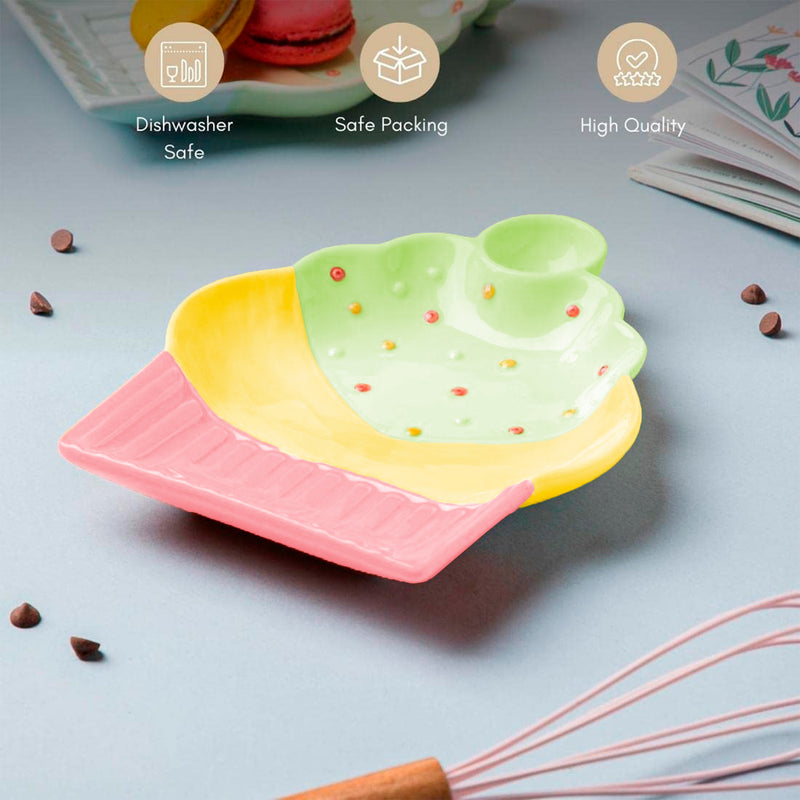 Style Homez Ceramic Cup Cake Snack Plate or Dessert Platter, Handmade & Microwave Safe, Pink, Yellow & Green Color (7.2 in x 5.6 in)