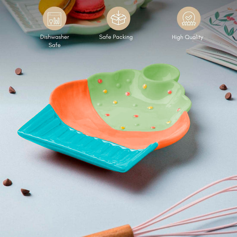 Style Homez Ceramic Cup Cake Snack Plate or Dessert Platter, Handmade & Microwave Safe, Blue, Orange & Green Color (7.2 in x 5.6 in