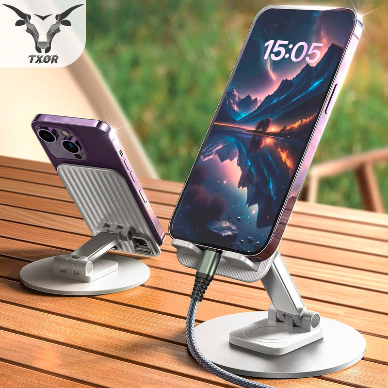 TXOR KEG360, Portable Desktop 360° Rotatable, Height Adjustable and Foldable Smart Phone Stand Holder (Compatible : 4" - 12.9"), Aluminum Metal Base White Color