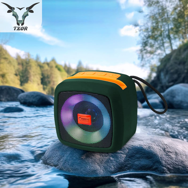 TXOR QUBE, 5W TWS Bluetooth Speaker with IPX5, Dynamic Powerful Bass and 1200 mAh Battery, USB, AUX and Memory Card Slot, Military Green Color