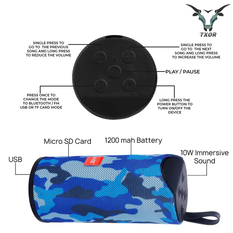 TXOR STAN, 10W IPX5 Bluetooth Speaker with TWS, Dynamic Powerful Bass and 1200 mAh Battery, USB and Memory Card Slot, Camouflage Blue Color