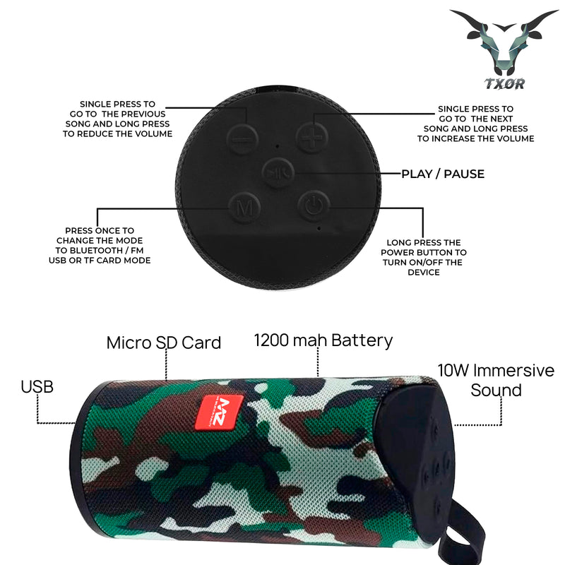 TXOR STAN, 10W IPX5 Bluetooth Speaker with TWS, Dynamic Powerful Bass and 1200 mAh Battery, USB and Memory Card Slot, Camouflage Green Color