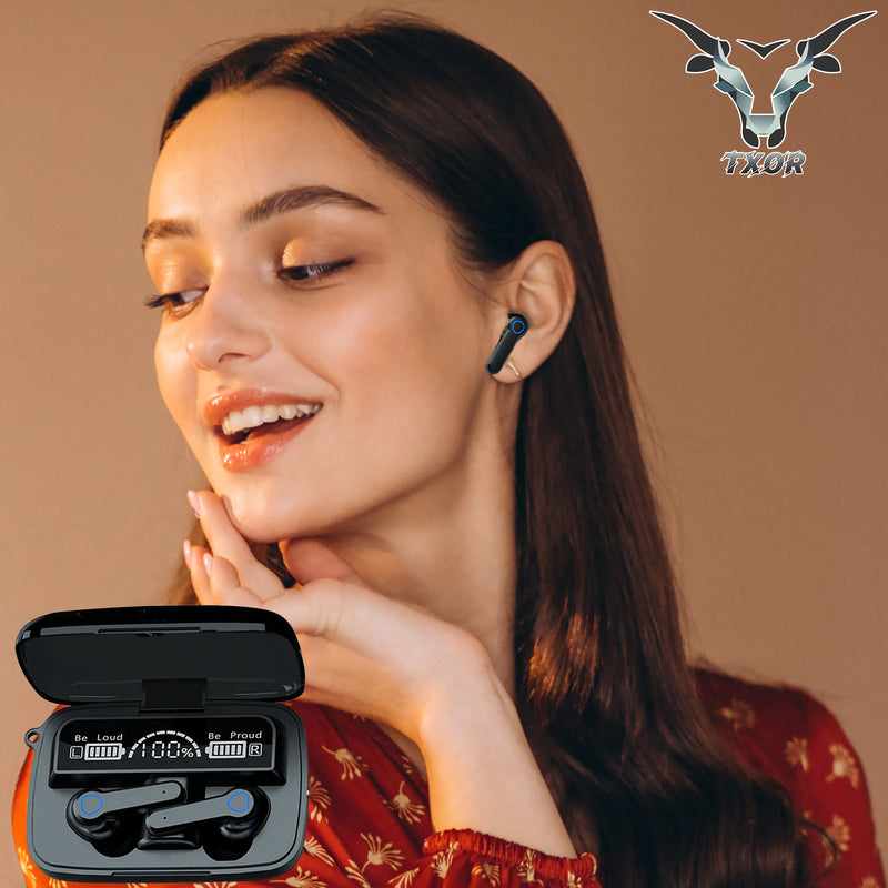 TXOR DIME TWS EARBUDS, IN-EAR v5.1 Bluetooth, IPX7 Waterproof & 120 hrs Playtime With LED Display and Noise Cancellation, Black Color and 2200 mAh Battery Bank