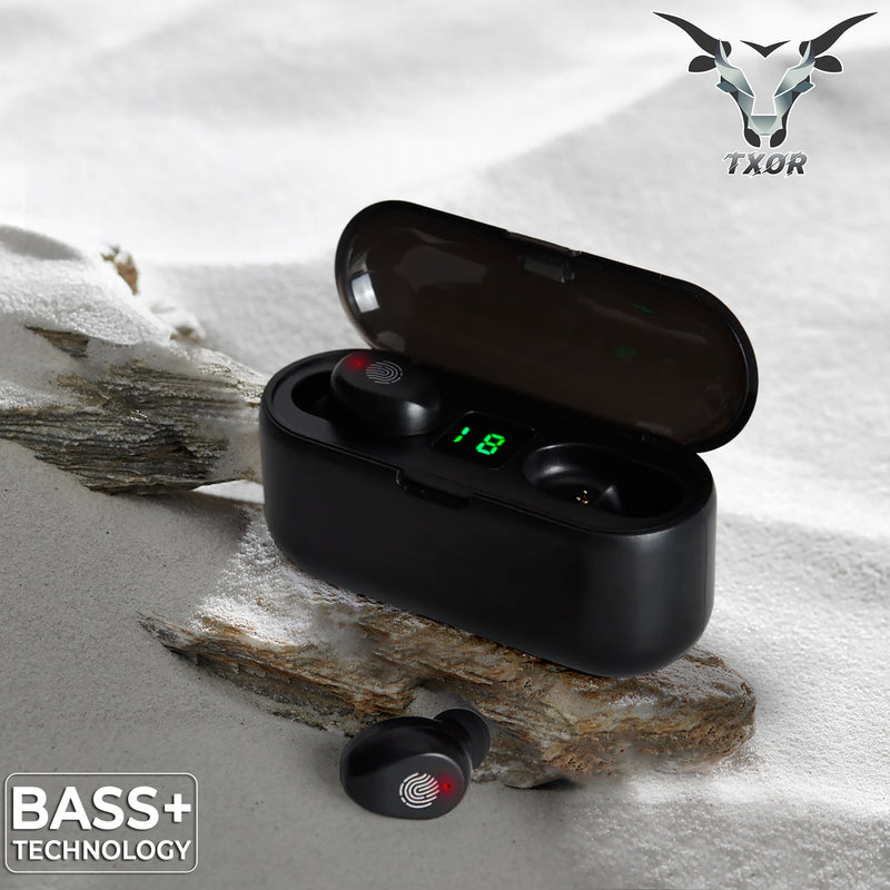 TXOR JUNIO PRO TWS EARBUDS, IN-EAR v5.1 Bluetooth, IPX5 Splashproof & Upto 100 hrs Playtime with 2000 mAh Power Bank and LED Display, Black Color