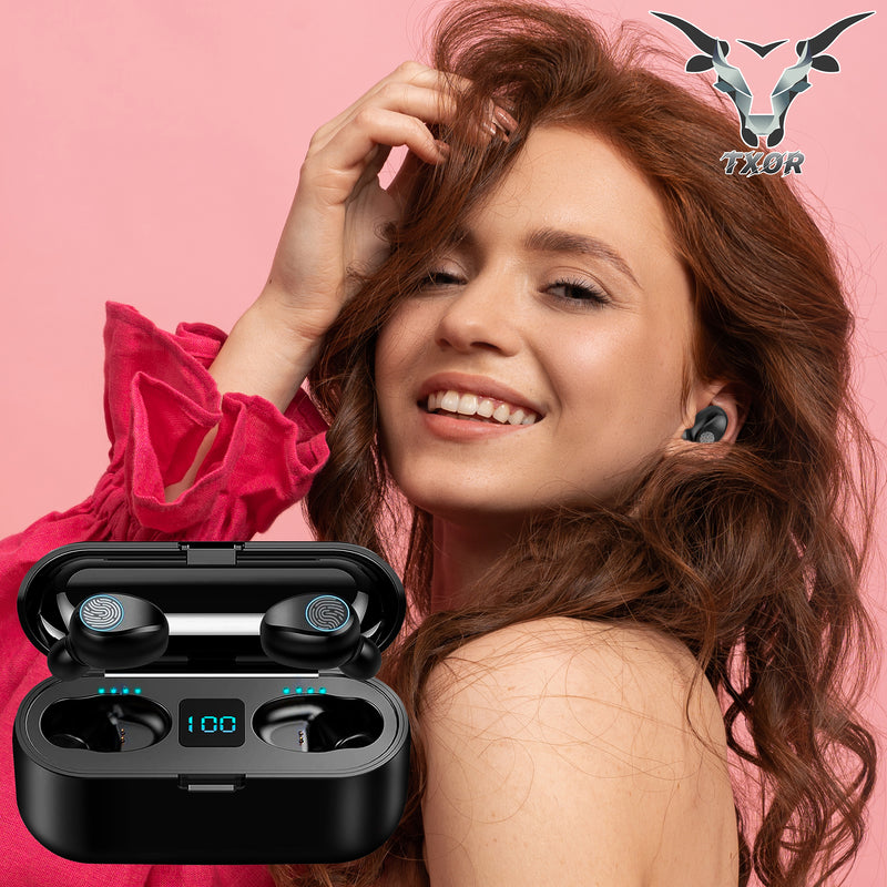 TXOR JUNIO PRO TWS EARBUDS, IN-EAR v5.1 Bluetooth, IPX5 Splashproof & Upto 100 hrs Playtime with 2000 mAh Power Bank and LED Display, Black Color