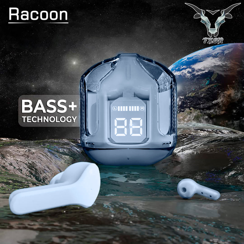 TXOR RACOON V1 TWS EARBUDS, IN-EAR v5.3 Bluetooth & Gaming LED Display , IPX6 Splashproof & 6 hrs Playtime, Baby Blue Color