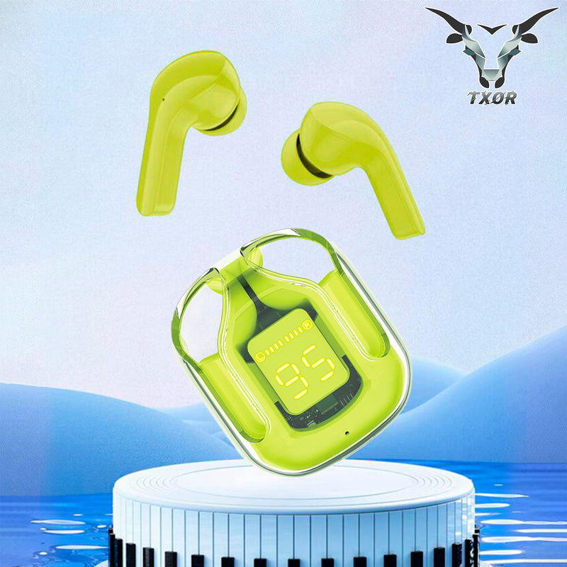 TXOR RACOON V1 TWS EARBUDS, IN-EAR v5.3 Bluetooth & Gaming LED Display , IPX6 Splashproof & 6 hrs Playtime, Neon Green Color