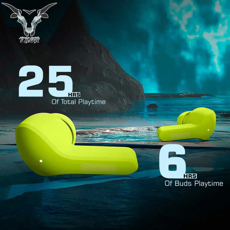 TXOR RACOON V1 TWS EARBUDS, IN-EAR v5.3 Bluetooth & Gaming LED Display , IPX6 Splashproof & 6 hrs Playtime, Neon Green Color