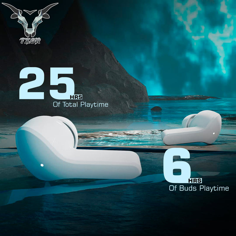 TXOR RACOON V1 TWS EARBUDS, IN-EAR v5.3 Bluetooth & Gaming LED Display , IPX6 Splashproof & 6 hrs Playtime, White Color
