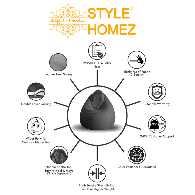 Style Homez Premium Leatherette Classic Bean Bag XXXL Size Black Color Filled with Beans Fillers
