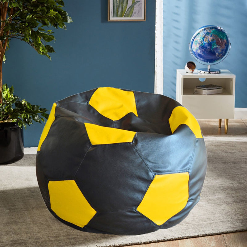 Style Homez Premium Leatherette Football Bean Bag XXL Size Black-Yellow Color Filled with Beans Fillers