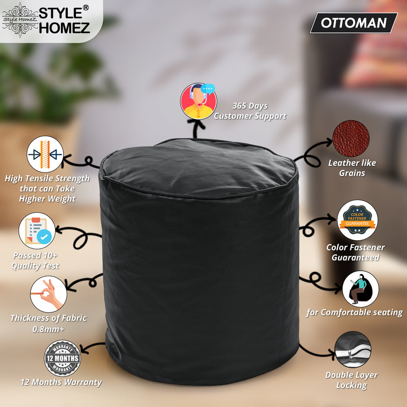 Style Homez Premium Leatherette Classic Poof Bean Bag Ottoman Stool Large Size Black Color Filled with Beans Fillers