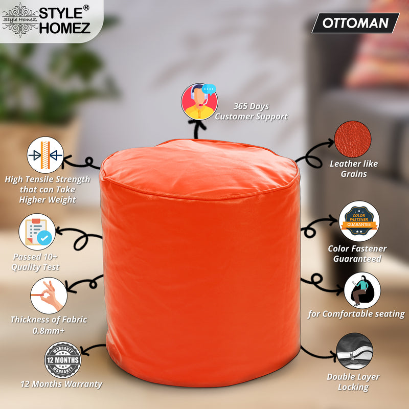 Style Homez Premium Leatherette Classic Poof Bean Bag Ottoman Stool Large Size Orange Color Filled with Beans Fillers