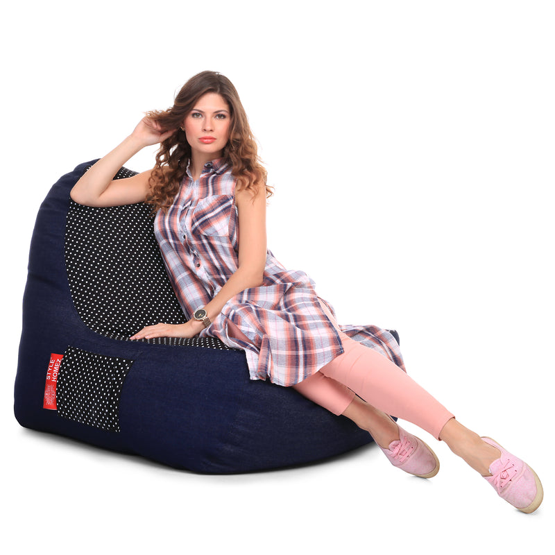 Style Homez Urban Design Denim Canvas Polka Dots Printed Chair Bean Bag XXL Size Cover Only