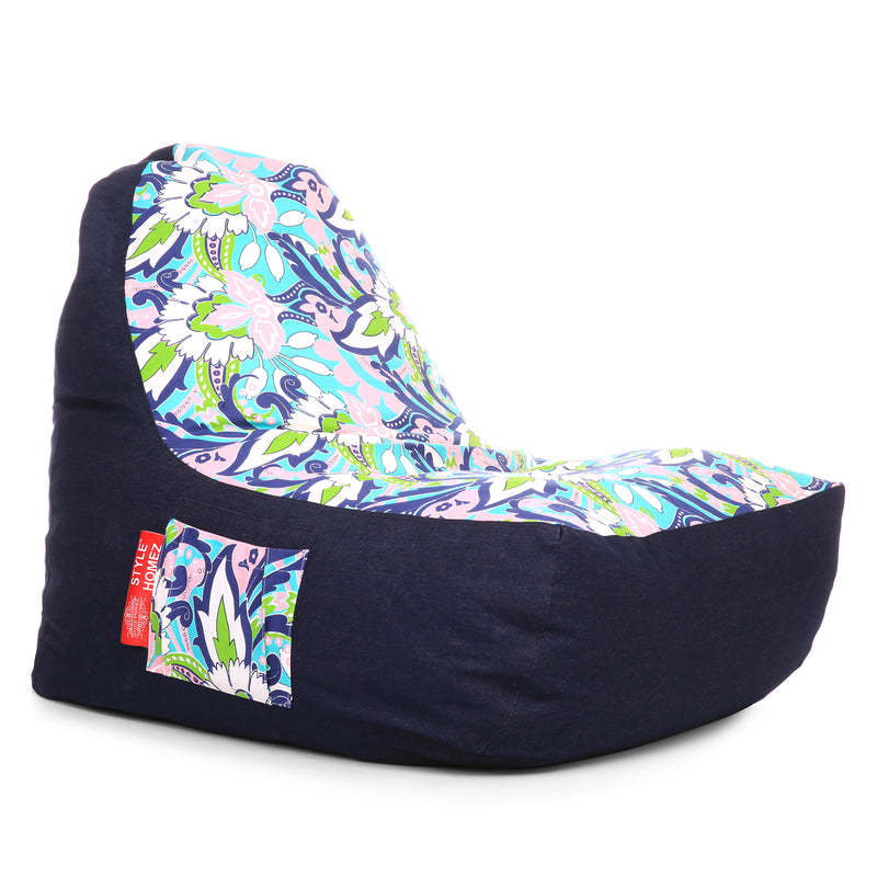 Style Homez Urban Design Denim Canvas Floral Printed Chair Bean Bag XXL Size Filled with Beans Fillers