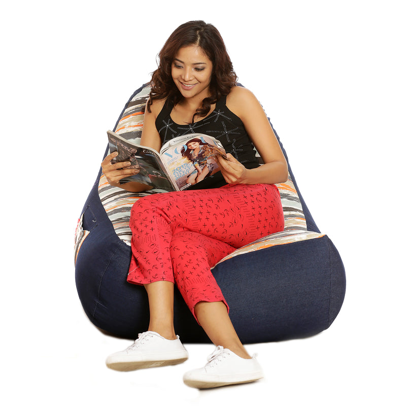 Style Homez Urban Design Denim Canvas Stripes Printed Bean Bag XXL Size Filled with Beans Fillers