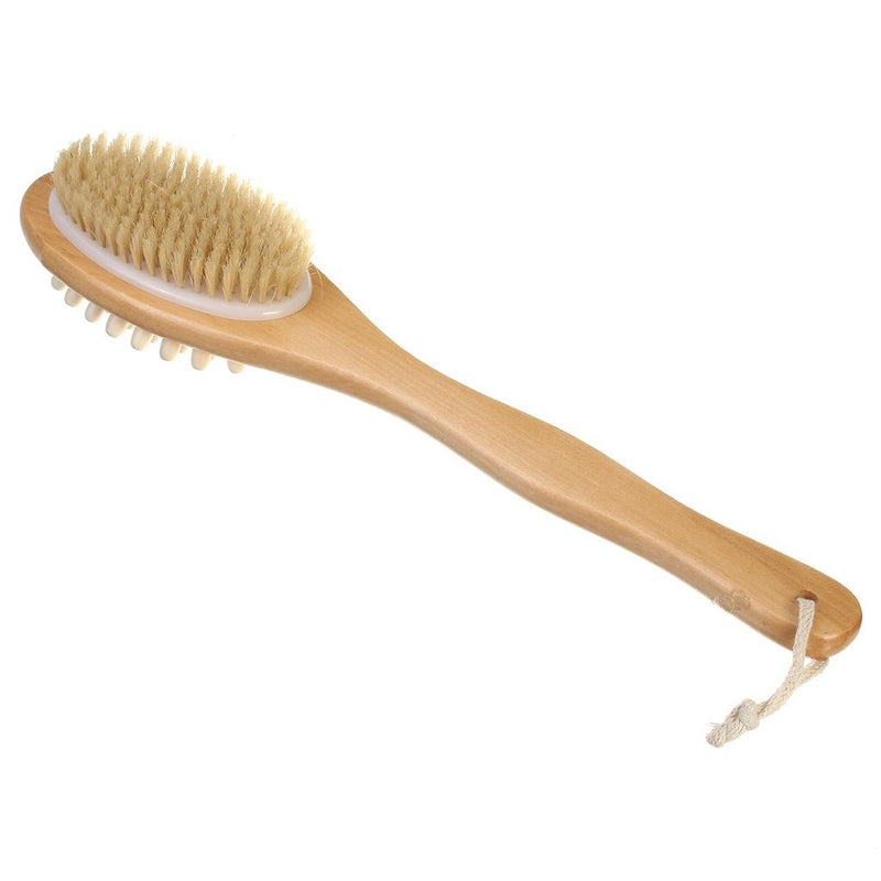 Style Homez AURA,  Exfoliating Dry Brush Loofah and Soft Scrubber with Long Bamboo Handle 35 cm, Bath Essentials with Natural Bristles in Natural Wood Color