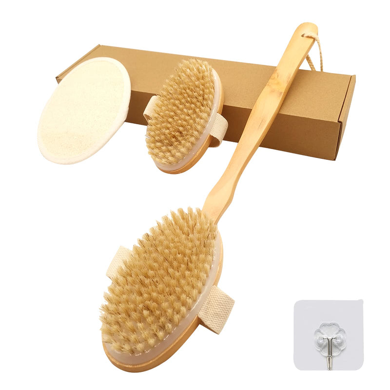 Style Homez ZEN,  Exfoliating Dry Brush Loofah with Long Detachable Bamboo Handle 40 cm, Bath Essentials with Natural Bristles in Natural Wood Color