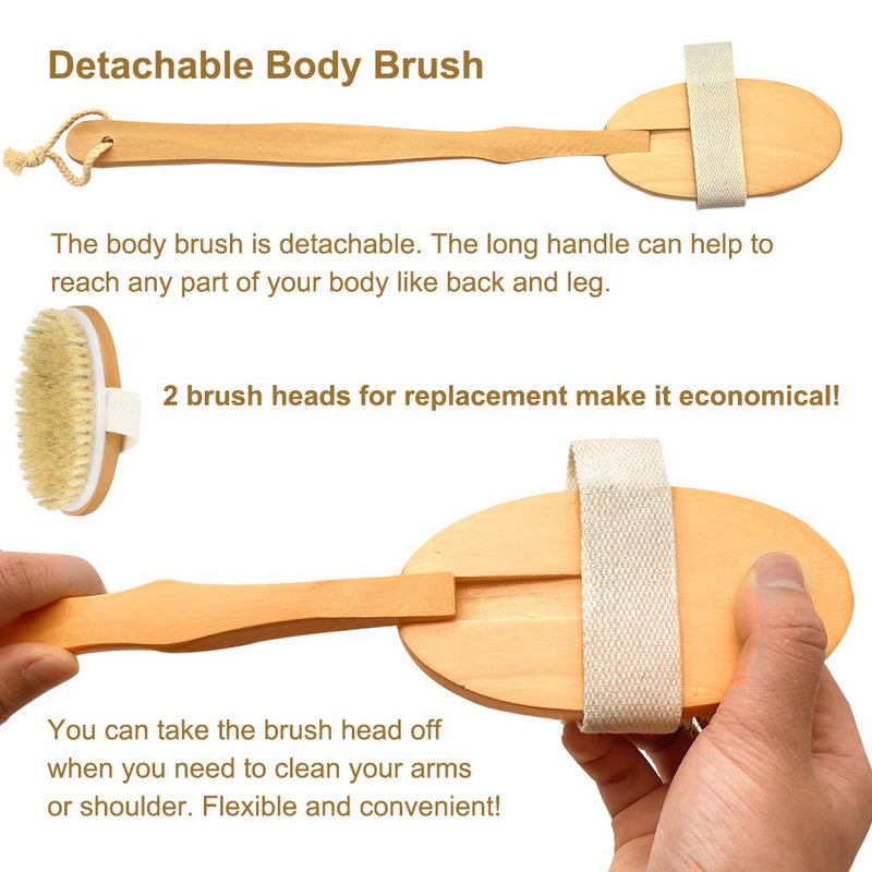 Style Homez ZEN,  Exfoliating Dry Brush Loofah with Long Detachable Bamboo Handle 40 cm, Bath Essentials with Natural Bristles in Natural Wood Color