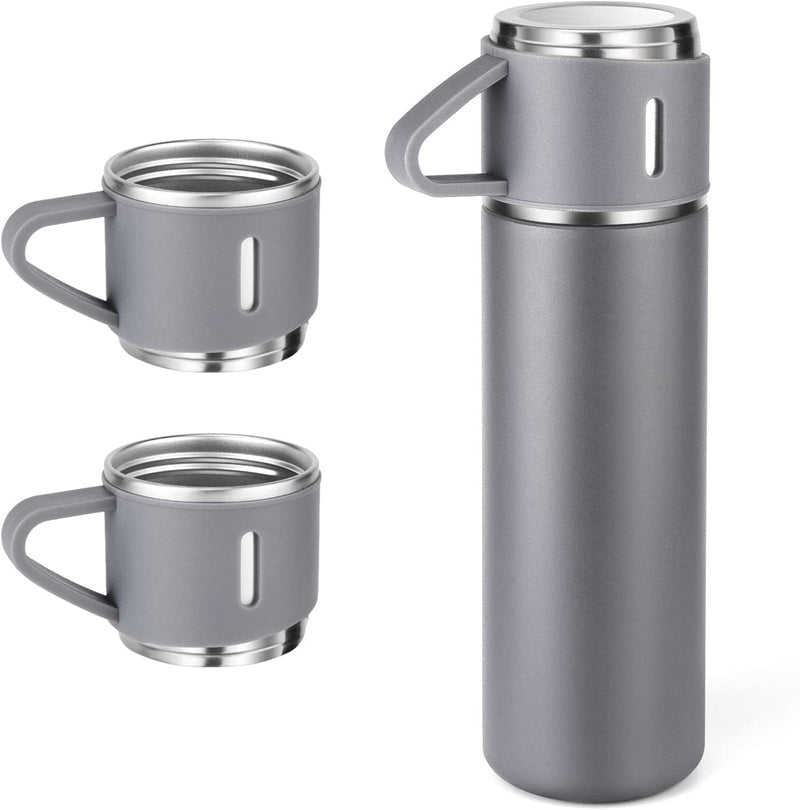 Style Homez TRIPLEE, Stainless Steel Vacuum Insulated Flask with Set of 3 Cups Hot & Cold 12 Hours BPA Free Thermos 500 ml, Grey Color