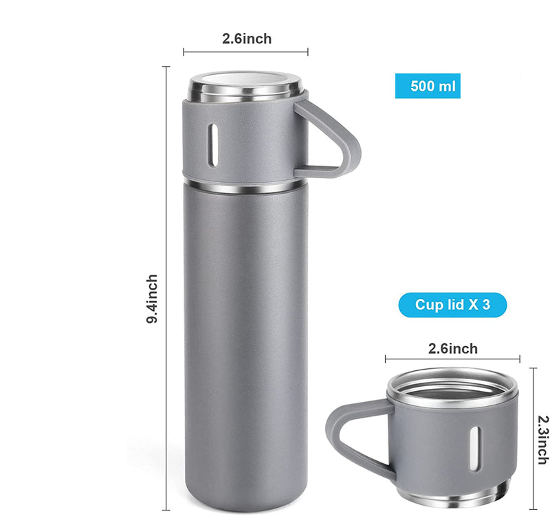 Style Homez TRIPLEE, Stainless Steel Vacuum Insulated Flask with Set of 3 Cups Hot & Cold 12 Hours BPA Free Thermos 500 ml, Grey Color