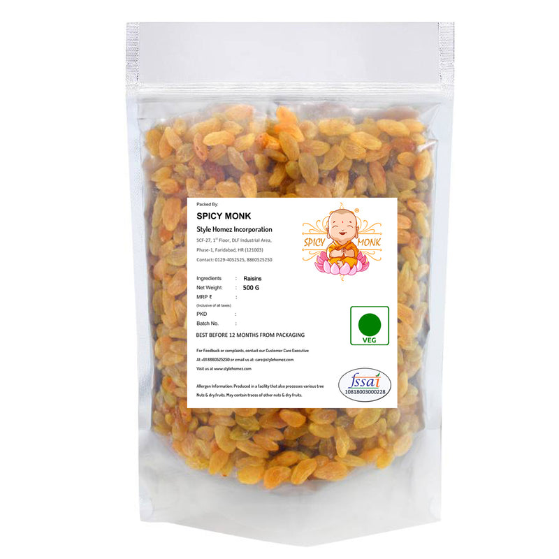Spicy Monk Premium Quality SANGLI Golden Long Raisins, Organic Kishmish 0.5 kg (500 gms)