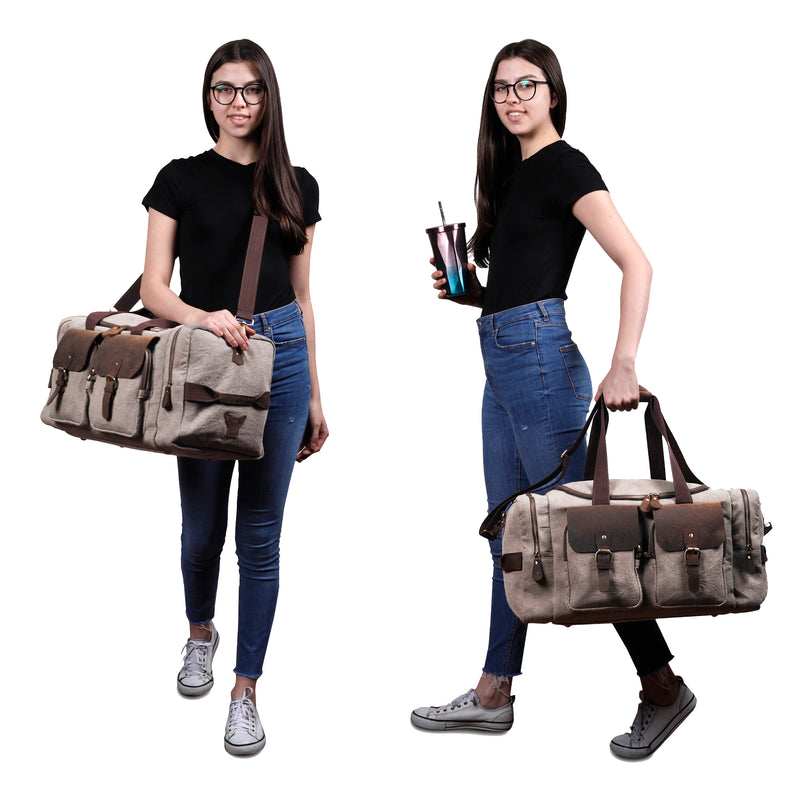 TXOR MANCHESTER, Pure Leather Canvas Weekender Duffel Bag, Trendy Western Luggage Overnight 40 Litres FOSSIL GREY Color
