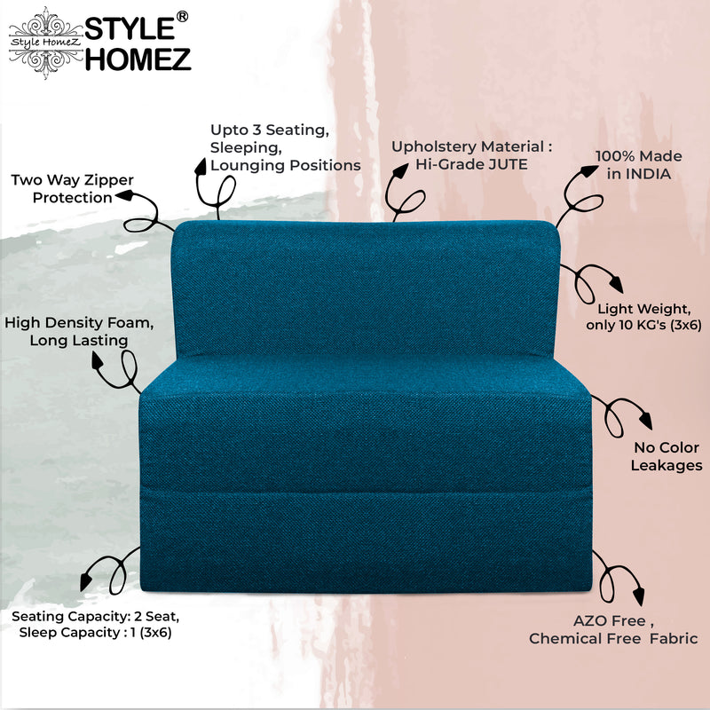 Style Homez Foldable Sofa Cum Bed, 3' x 6' Feet Premium Jute Fabric with High Density Foam, Berry Blue Colour