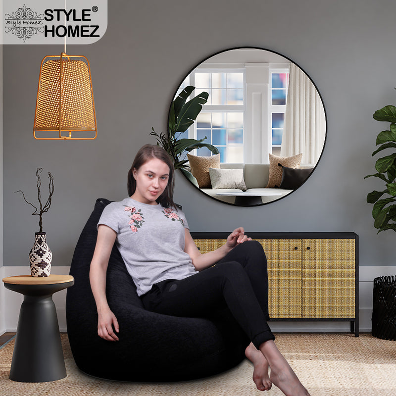 Style Homez HAUT Collection, Classic Bean Bag XXL Size Black Color in Premium Velvet Fabric, Filled with Beans Fillers