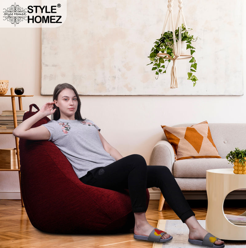 Style Homez HAUT Collection, Classic Bean Bag XXXL Size Maroon Color in Premium Velvet Fabric, Filled with Beans Fillers