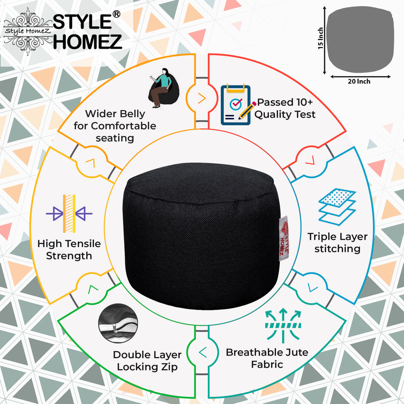 Style Homez ORGANIX Collection, Round Poof Bean Bag Ottoman Stool Large Size Black Color in Organic Jute Fabric,  Filled with Beans Fillers