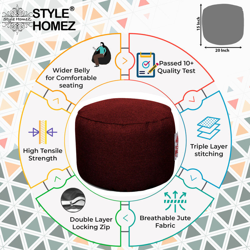 Style Homez ORGANIX Collection, Round Poof Bean Bag Ottoman Stool Large Size Crimson Red Color in Organic Jute Fabric, Cover Only