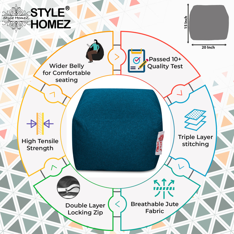 Style Homez ORGANIX Collection, Square Poof Bean Bag Ottoman Stool Large Size Berry Blue Color in Organic Jute Fabric, Cover Only