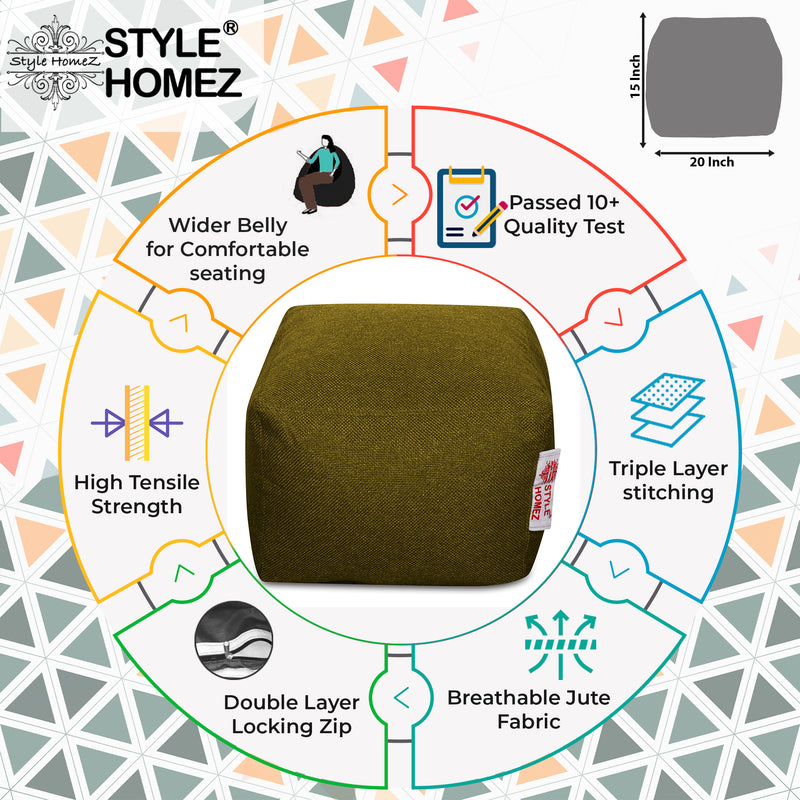 Style Homez ORGANIX Collection, Square Poof Bean Bag Ottoman Stool Large Size Moss Green Color in Organic Jute Fabric, Filled with Beans Fillers