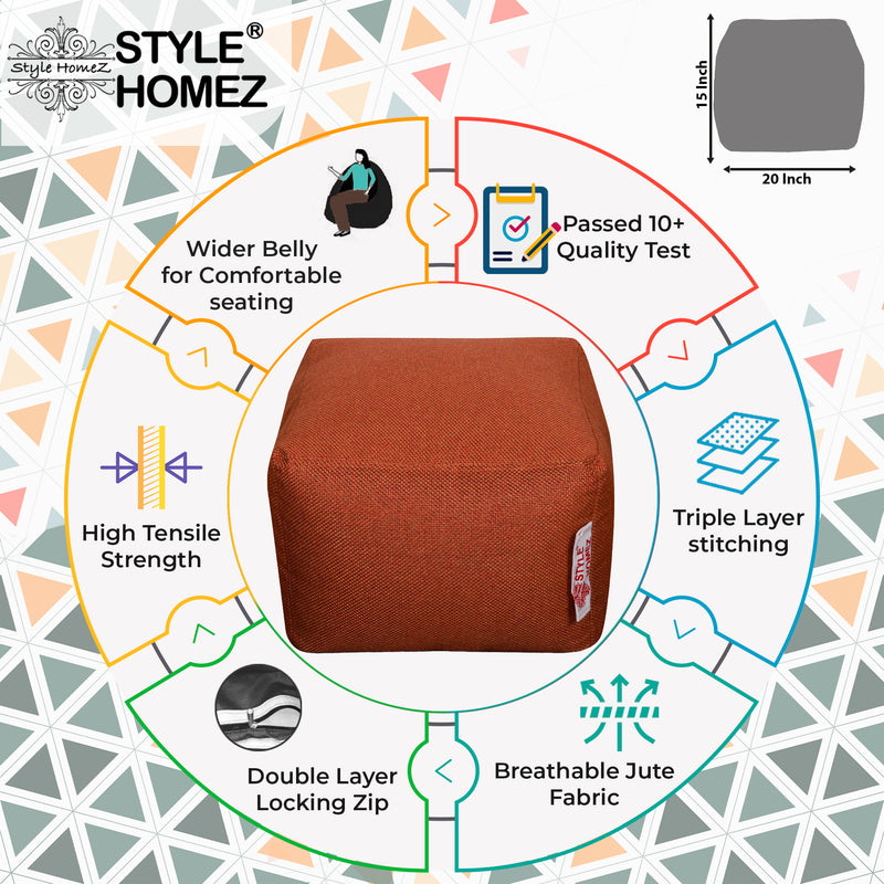 Style Homez ORGANIX Collection, Square Poof Bean Bag Ottoman Stool Large Size Orange Color in Organic Jute Fabric, Filled with Beans Fillers