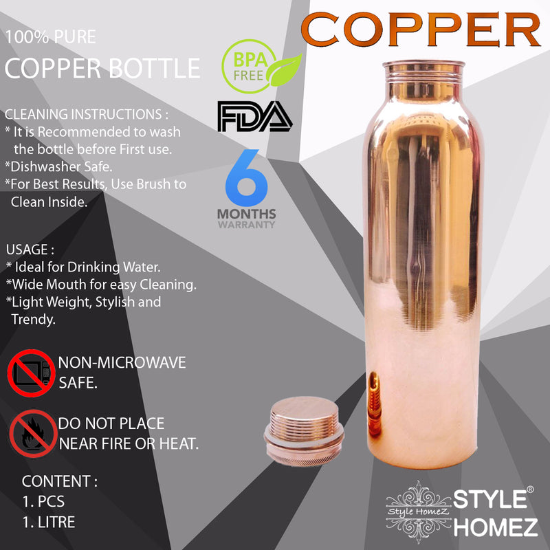 Style Homez Pure Handmade Copper Bottle, 1000 ML MATTE Finish Lacquer Coated Joint Free & Leak Proof with Ayurvedic Health Benefits (1 Litre)