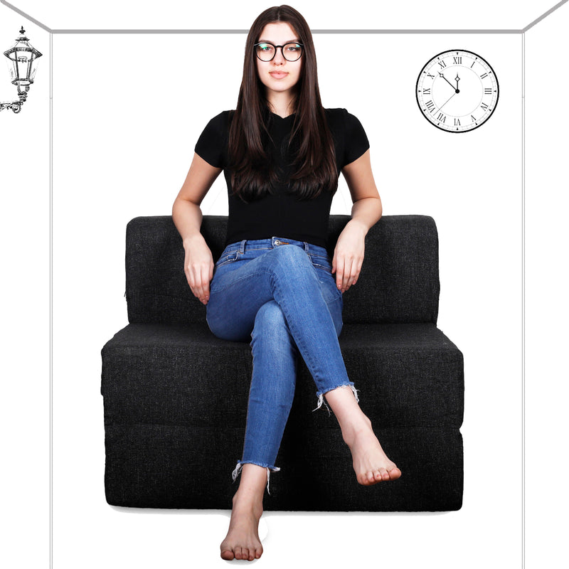 Style Homez Foldable Sofa Cum Bed, 3' x 6' Feet Premium Jute Fabric with High Density Foam, Black Colour