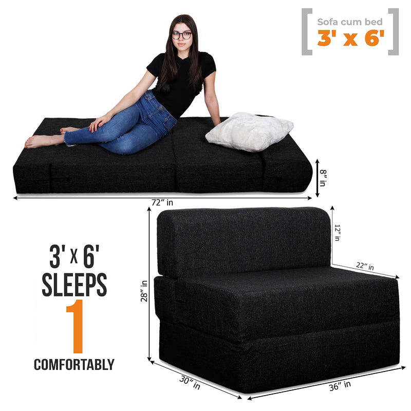 Style Homez Foldable Sofa Cum Bed, 3' x 6' Feet Premium Jute Fabric with High Density Foam, Black Colour