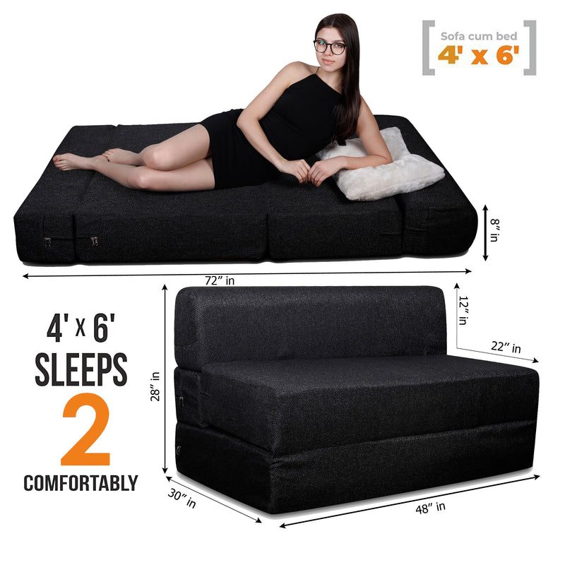 Style Homez Foldable Sofa Cum Bed, 4' x 6' Feet Premium Jute Fabric with High Density Foam, Black Colour
