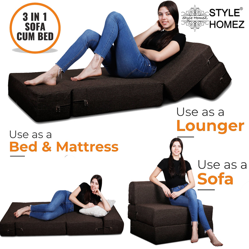 Style Homez Foldable Sofa Cum Bed, 3' x 6' Feet Premium Jute Fabric with High Density Foam, Chocolate Brown Colour