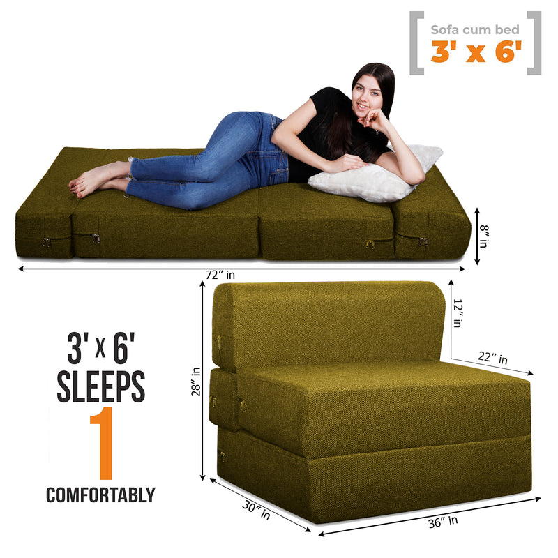 Style Homez Foldable Sofa Cum Bed, 3' x 6' Feet Premium Jute Fabric with High Density Foam, Moss Green Colour