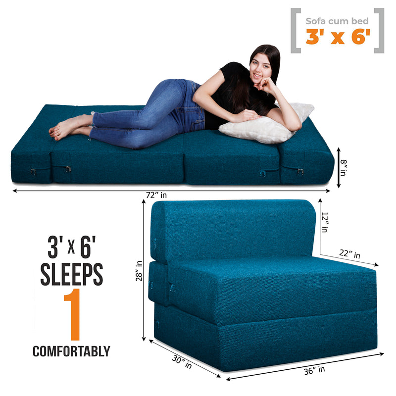 Style Homez Foldable Sofa Cum Bed, 3' x 6' Feet Premium Jute Fabric with High Density Foam, Berry Blue Colour