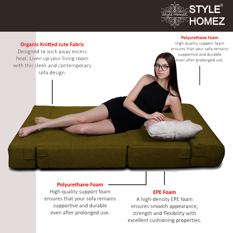 Style Homez Foldable Sofa Cum Bed, 4' x 6' Feet Premium Jute Fabric with High Density Foam, Moss Green Colour